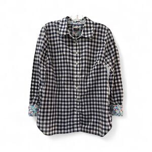 Talbots Shirt Womens Medium Navy Gingham Button Up Gingham Shirt Long Slv Cotton